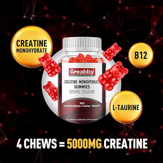 Creatine Monohydrate Gummies - 5g Creatine Monohydrate with L-Taurine B12 Mixed Berry Flavor 120 Count
