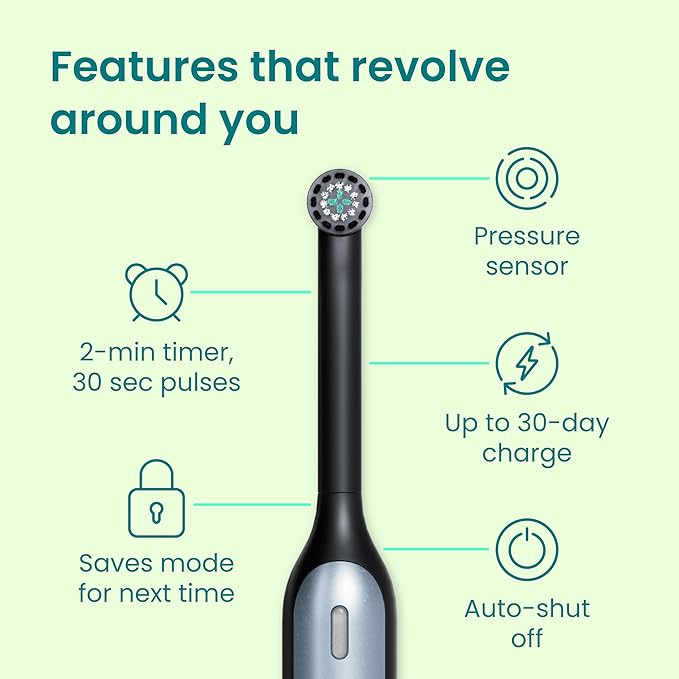 Quip 360 Oscillating Rechargeable Electric Toothbrush with Extra Brush Head - Soft Bristles Pressure Sensor 3 Intensities 30-Day Battery Life 2-Min Timer Travel Case Mirror Mount - Blue Stone