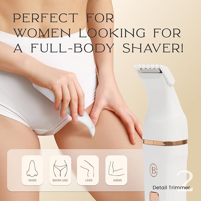 Bella Ciao 10-Piece Body-Hair and Bikini Trimmer Set for Women Electric Razor with Ear- and Nose-Hair Trimmer Detail Trimmer Heads Ceramic Blade Includes Comb Guides Charging Dock and USB Cable