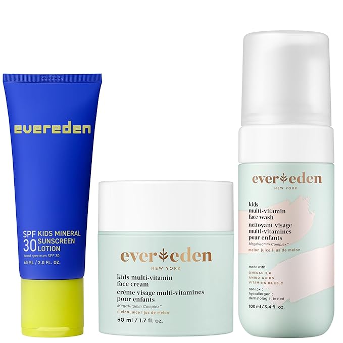 Evereden Kids Daily 1-2-3 Routine Bundle: Clean &amp Vegan Skin Care Set - Hydrating &amp Nourishing Tween Skincare Set with Multi-Vitamin Face Wash Face Cream Lotion &amp SPF 30 Mineral Sunscre