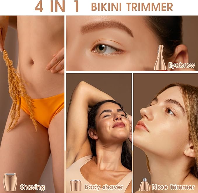 Bikini Trimmer &amp Hair Clippers for Women - Waterproof Electric Razor and 4 in 1 Bikini Shaver Set Deluxe Hair Trimmer Wet/Dry Body Shaver for Nose Eyebrows Beard Pubic Hair White