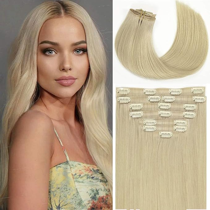 Loxxy Seamless Hair Extensions Clip in Human Hair Long Silky Straight 22inch Remy Human Hair Clip in Extensions Blonde Platinum #60A 150gram 8 Pcs