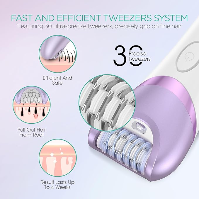 VOYOR Epilator for Women Cordless Epilators Hair Removal for Women 3 in 1 Hair Removal Device for Leg Arm Face with 30 Tweezers Rechargeable Wet &amp Dry Electric Lady Shaver &amp Trimmer BM300 (