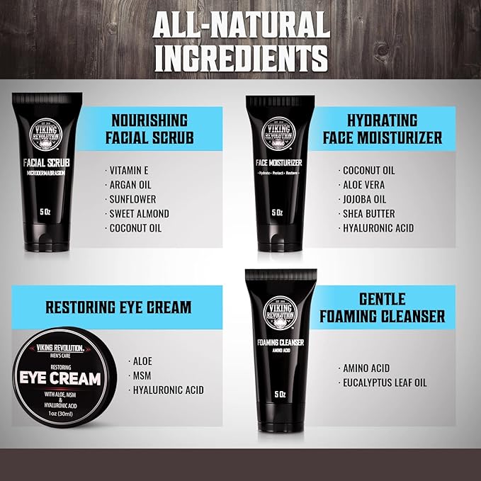 Viking Revolution Men's Facial Skin Care Kit - Includes Rejuvenating Face Moisturizer Microdermabrasion Facial Scrub Foaming Cleanser (5oz Each) and Eye Cream (1oz)