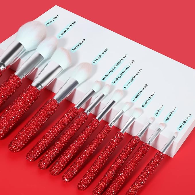 Makeup Brushes Bling Crystal Professional Face Cosmetics Blending Liquid Foundation Powder Concealer Eye Shadows Make Up Beauty Tool Glitter(12PCS) (Purely Handmade) (Red)