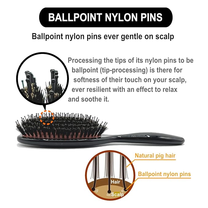 VESS Combing Mix Cushion Brush C-501 Wild Pig Bristle and Nylon Hair- Natural Radiance Smoothing Hair Brush