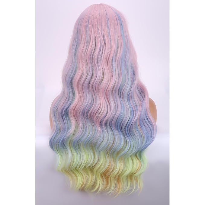 BERON Rainbow Long Wigs Curly Wavy Women Pastel Wigs with Bangs Colorful Heat Resistant Synthetic for Cosplay or Daily Wigs Wig Cap Included
