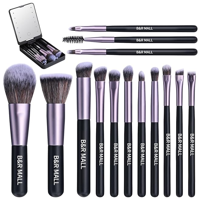 B&ampR MALL Makeup Brush Set with LED Mirror ? Supper soft Brushes for Flawless Foundation Concealer Eyeshadow &amp More | Lightweight Versatile Perfect for On-the-Go Touch-Ups (Purple Black)