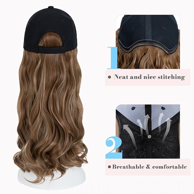 Hairro Baseball Hat with Hair Attached for Women Synthetic Adjustable Cap Wig 290g #12P24 Light Brown Mix ash Blonde
