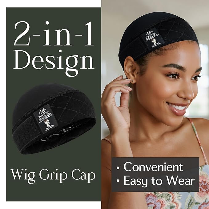 Wig Caps with Grip Band to Hold Wig in Place Soft Wig Caps for Women Non Slip Black 2 PCS