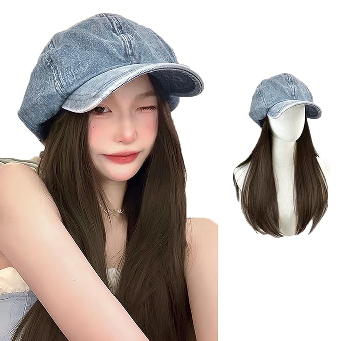 Women's Wig hat Wig Denim Beret Wig Straight Hair Baseball Cap Wig for Girl Christmas Halloween Daily Party Use Cool Brown 1