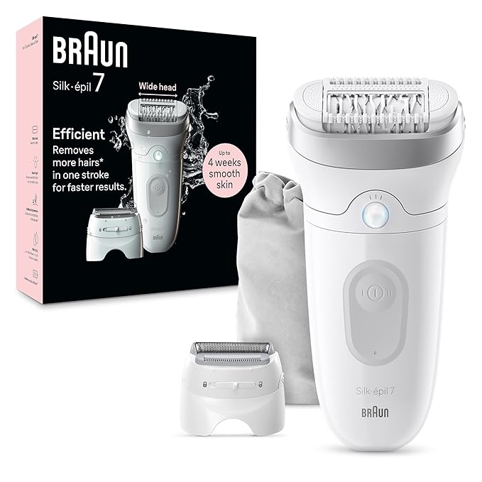 Braun Epilator Silk-?pil 7 Hair Removal Device Women Shaver &amp Trimmer Wet and Dry Wide Head Includes Shaver Head and Trimmer Comb SE7-041 Silver Holiday Gifts for Women