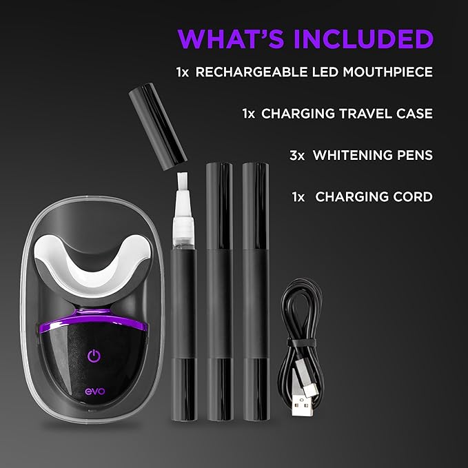 EVO LED Light Teeth Whitening Kit with Blue Light Mouthpiece Enamel Safe Stain Remover Charging Travel Case Includes 3 Whitening Pens 30-Minute Treatments
