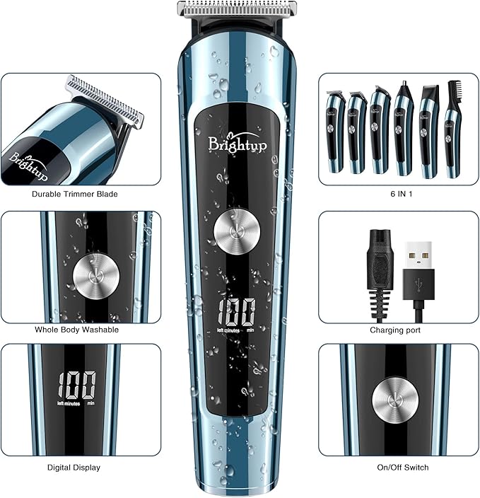 Brightup Beard Trimmer for Men IPX7 Waterproof Mens Grooming Kit with Cordless Hair Clippers Electric Razor with LED Display Shavers for Mustache Body Face Ear Nose Hair Trimmer Gifts for Men