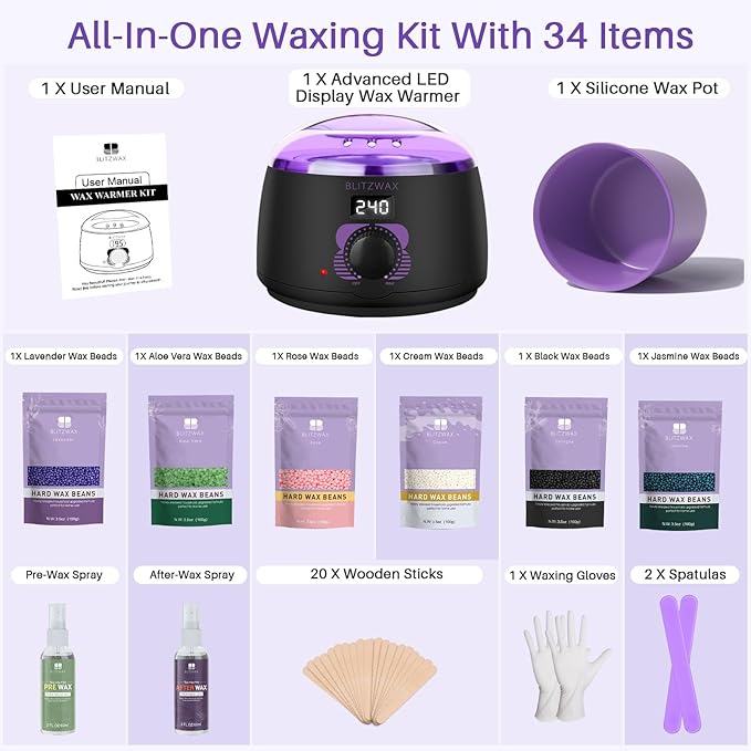 BLITZWAX Brazilian and Bikini Waxing Kit for Women Hard Wax Warmer for Face Legs and Body At Home Hair Removal Kit Beginner Friendly Fast Heating 51 Accessories 6 Types Wax Bean Formula