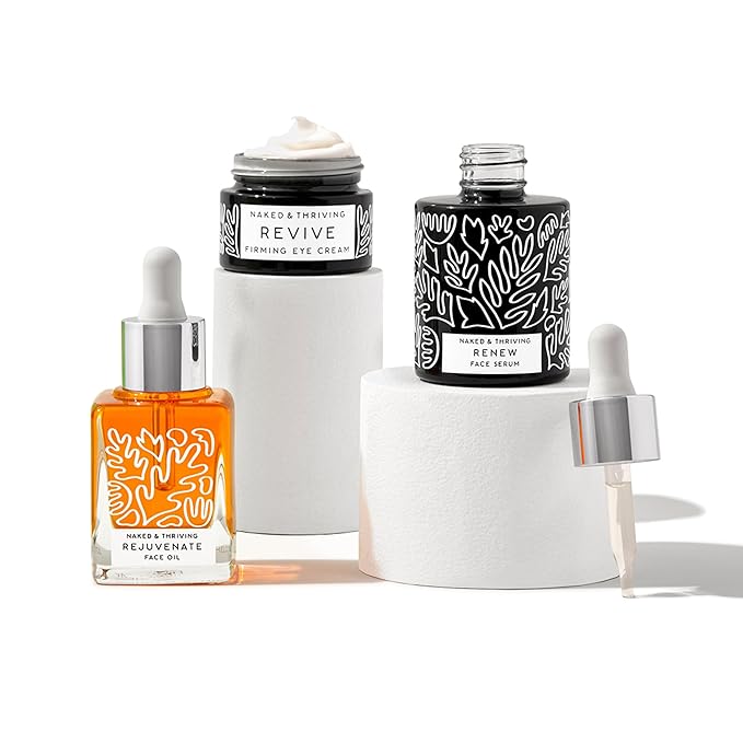 Naked &amp Thriving Restorative Night Routine | Renew Night Serum (30 mL) + Revive Eye Cream (15 mL) + Rejuvenate Face Oil (35 mL) with Peptides Squalane Hyaluronic Acid and Fruit AHAs (Set of 3)
