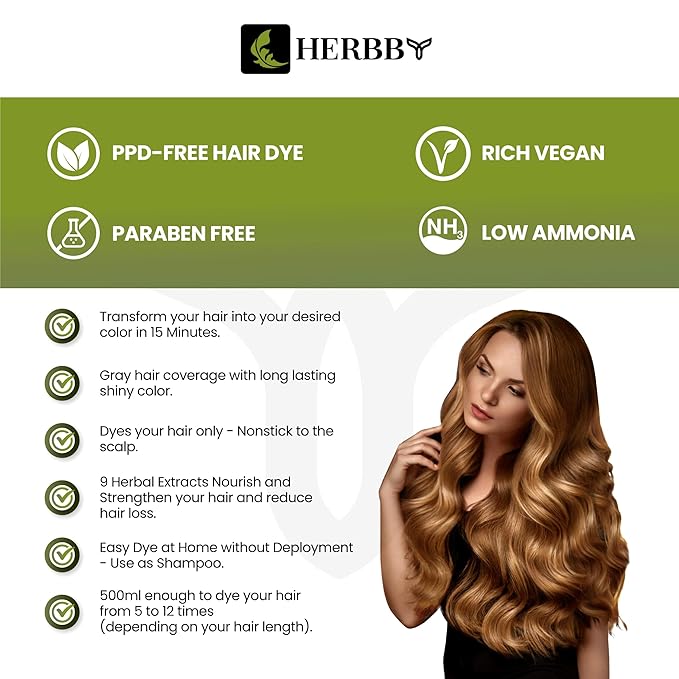 HERBBY Hair Color Shampoo for Gray Hair Coverage&ampColor Transform with 9 Herbal Extracts ?Long Lasting(6-8 Weeks)ShinyEvenly ColoredInstant Hair Dye Shampoo&ampConditioner 500 Ml (WILD HONEY C