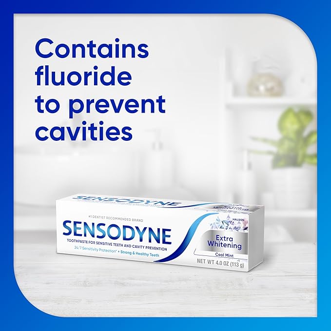 Sensodyne Extra Whitening Sensitive Teeth and Cavity Prevention Whitening Toothpaste Amazon Exclusive Cool Mint Amazon Exclusive- 4 Ounces (Pack of 4)