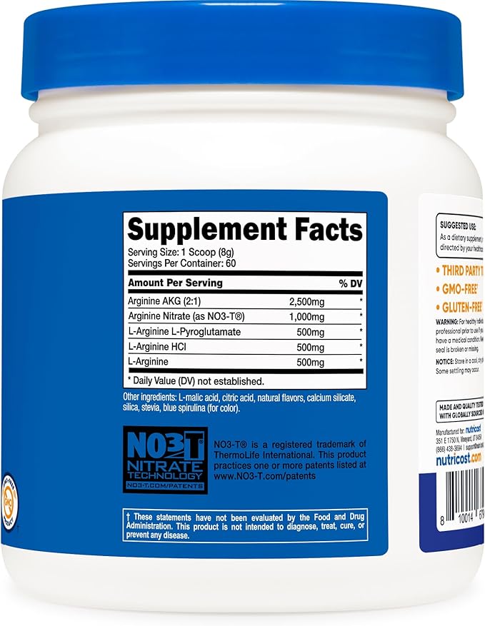 Nutricost L-Arginine Complex (Blue Raspberry 60 Servings) - Gluten Free Non-GMO