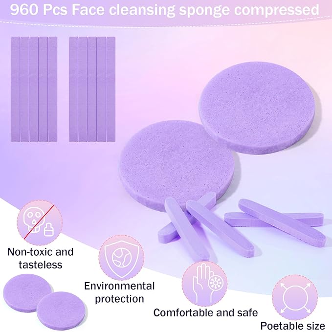 Mifoci 960 Pieces Purple Compressed Facial Sponges for Estheticians Makeup Removal Sponge Pads for Women Spa Exfoliating Face