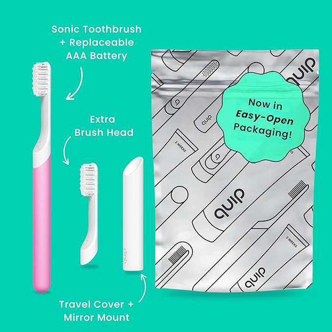 Quip Sonic Toothbrush for Adults with Timer - Includes Extra Brush Head and Travel Cover Mount - Electric Soft Bristle Refill Head Plastic Handle 3 Month Battery Life - Travel Toothbrush - Magenta