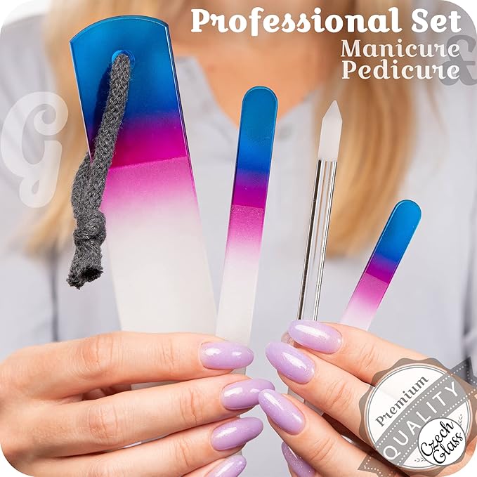 GLADZY Genuine Czech Glass Nail File Set - Callus Remover Foot Rasp Cuticle Pusher Manicure Stick Double Sided Etched Different Grit Surface Professional Nail Care Tool Made in EU