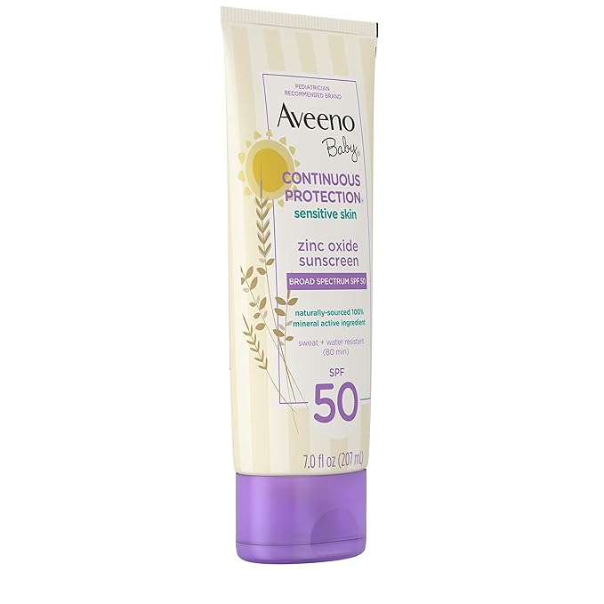 Aveeno Baby Continuous Protection Zinc Oxide Mineral Sunscreen Lotion for Sensitive Skin Broad Spectrum SPF 50 Tear-Free Sweat- &amp Water-Resistant Paraben-Free Non-Greasy 7 fl. oz