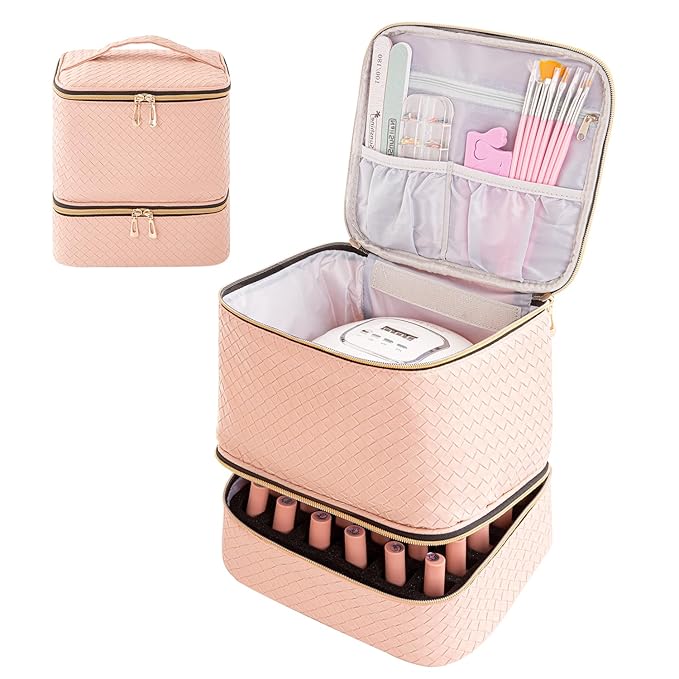 Portable Nail Polish Storage Bag with UV Light Case - Holds 30 Bottles and 1 UV LED Nail Lamp Double-Layers Nail Dryer Case for Gel Nail Polish Kit Nail Art Decorations (Woven Pink)