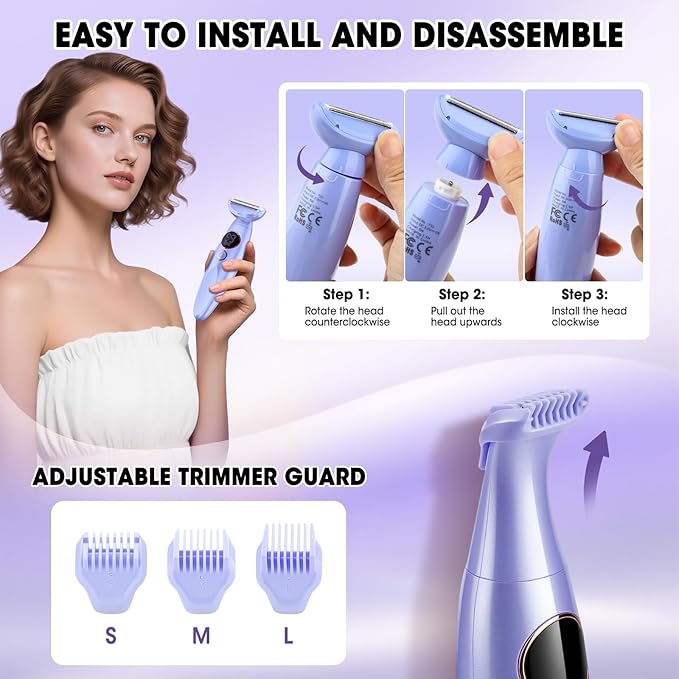 5 in 1 Bikini Trimmer for WomenIPX7 Waterproof Cordless Replaceable PubicEyebrowFacial Electric Razors&ampNose Hair Trimmer&ampPainless Body Shaver for Arms Legs UnderarmsUSB ChargeLED Display