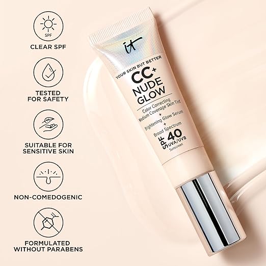 IT Cosmetics CC+ Nude Glow - Medium Coverage Foundation with SPF 40 &amp Brightening Glow Serum Lightweight Skin Tint 2% Niacinamide + Hyaluronic Acid Up to 24H Hydration Normal/Dry Skin - 1.08 f