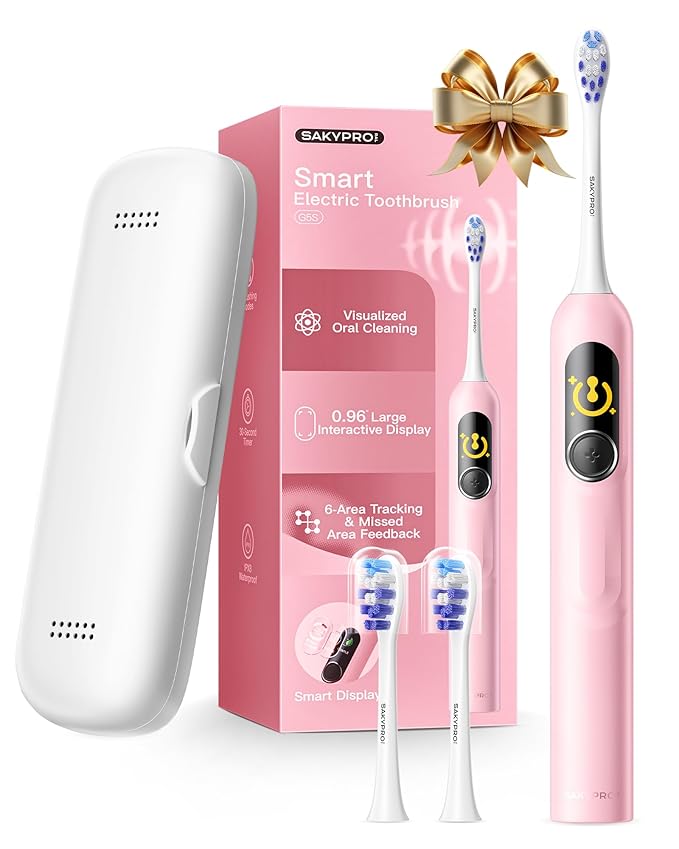 AI Smart Electric Toothbrush for Kids Adults with LED Screen | 150-Day Rechargeable Toothbrush Real-Time Map |3-Min Timer Travel Case | Teens Sonic Toothbrush Gift for Family Chirstams (G5S Pink)