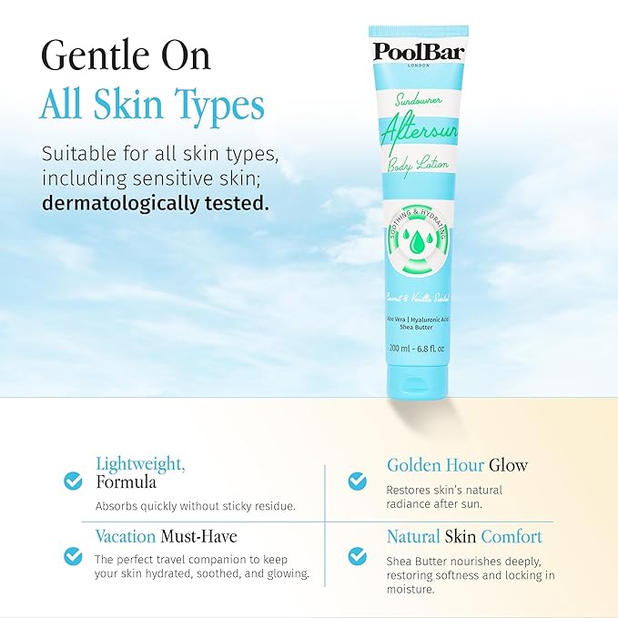 PoolBar Sundowner Aftersun Body Lotion for Women &amp Men Skin Care Hydration &amp Soothing Relief Coconut &amp Vanilla Scent Sun Care Enriched with Hyaluronic Acid Shea Butter &amp Aloe Vera