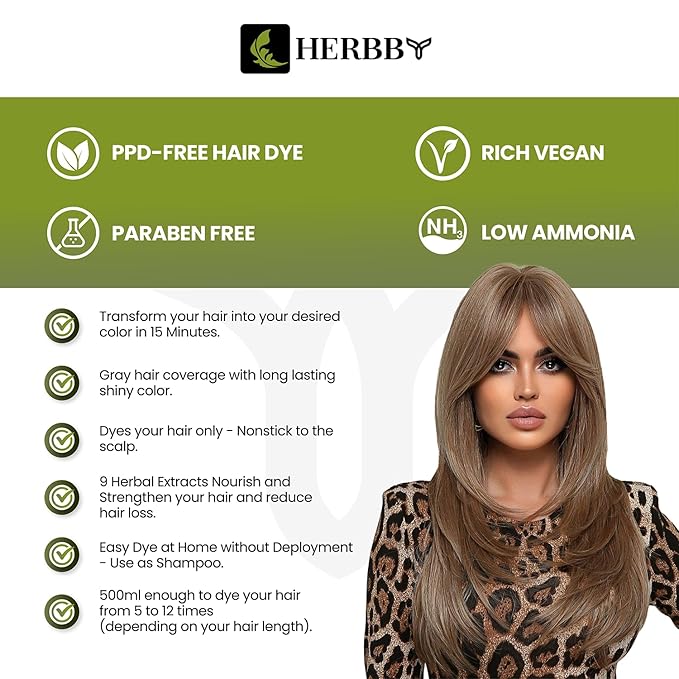 HERBBY Hair Color Shampoo for Gray Hair Coverage&ampColor Transform with 9 Herbal Extracts ?Long Lasting(6-8 Weeks)ShinyEvenly ColoredInstant Hair Dye Shampoo&ampConditioner 500 Ml (TIGER BROWN