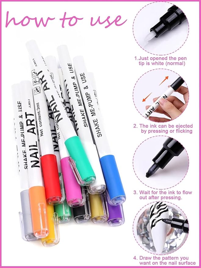 12 Color 3D Nail Art Pens Set Kalolary Nail Pens Nail Point Graffiti Dotting Pen Drawing Painting Liner Brush for DIY Nail Art Beauty Adorn Manicure Tools