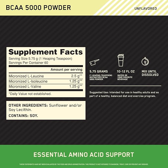 Optimum Nutrition Instantized BCAA Powder Unflavored Keto Friendly Branched Chain Essential Amino Acids Powder 5000mg 60 Servings (Packaging May Vary)