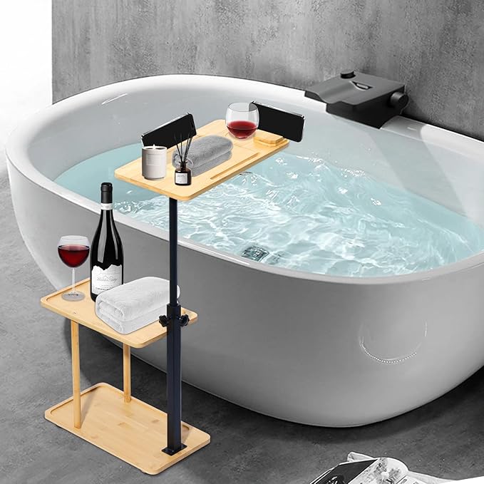 3 Layer Bath Tub Tray Table Liftable Freestanding Bamboo Bath Tray Caddy for Tub Against Wall Shelf Bathroom Organizer Shelf for Luxury Spa