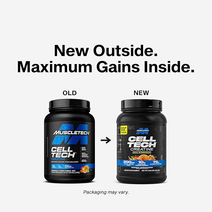 MuscleTech Creatine Monohydrate Powder - Cell-Tech Creatine Powder Post Workout Recovery Drink Muscle Builder &amp Musclebuilding Supplement - Tropical Citrus Punch 3 lbs (27 Serv) - Packaging May
