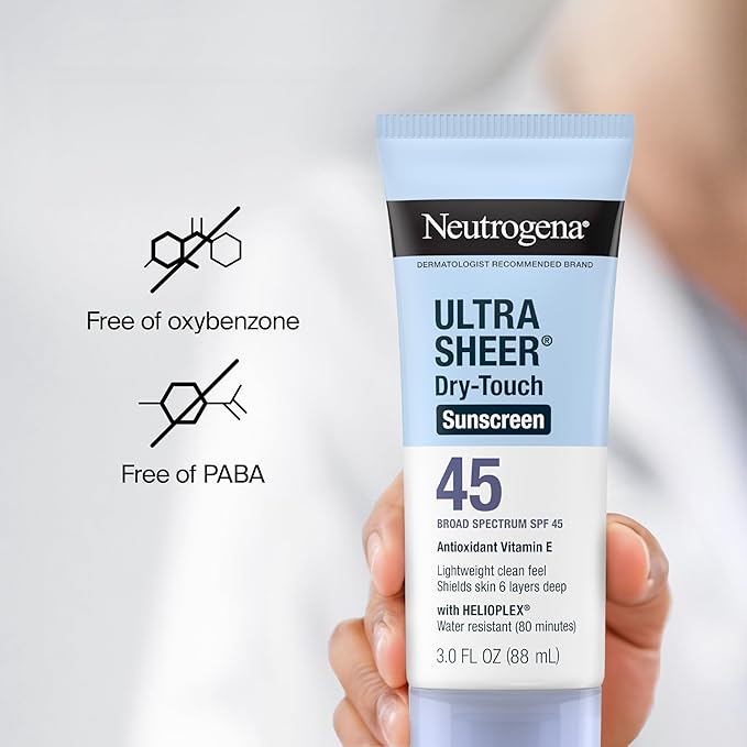 Neutrogena Ultra Sheer Dry-Touch Sunscreen For Face &amp Body SPF 45 Broad Spectrum UVA/UVB Protection Lightweight Water Resistant &amp Non-Greasy Travel Size Sunscreen 3 fl. oz Pack of 3