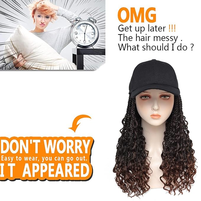 Goddess Box Braiding Baseball Cap Wig Bohemian Curly Ends Box Braids Hat with Braided Hair Extensions for Black White Women Synthetic Braids Hat Wig with Hair Attached (16inch T30)