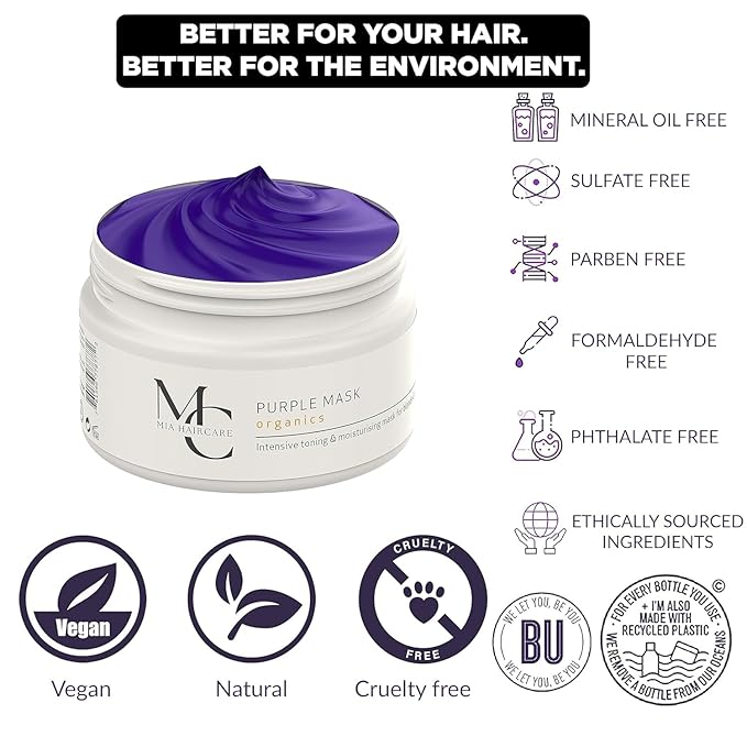 Purple Hair Mask - Tones Blonde Silver Brassy Hair - Deep Conditioning with Argan Oil ProVitamin B5 - Hydrating Repairing - Vegan Sulfate and Paraben Free - 8.45 fl oz