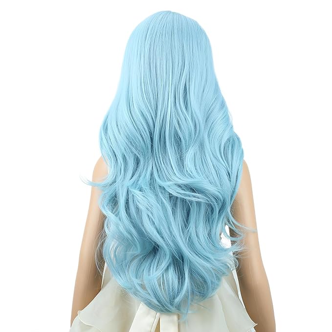 Kid Ice Blue Wig Long Light Blue Wavy Curly Wig for Child Girl Middle Part Wigs Heat Resistant Synthetic Wigs with Cap