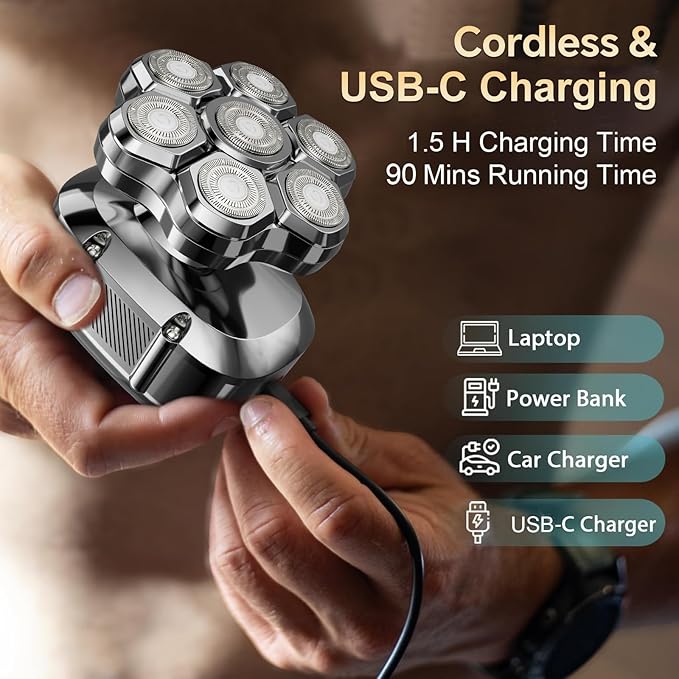 RUIM Head Shavers for Bald Men 7D Magnetic Rotary Electric Razor IPX7 Waterproof for Wet &amp Dry Use with LED Display USB-C Charging &amp 5-in-1 Grooming Kit
