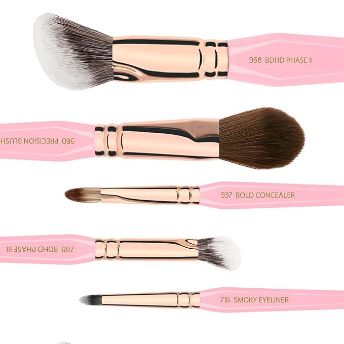 Bdellium Tools Pink Golden Triangle Face &amp Eyes Makeup Brush Set - Well-balanced Brush Set with Soft Synthetic Bristles and Rose Gold Brass Ferrule for a Variety of Looks (Pink 5 pcs)