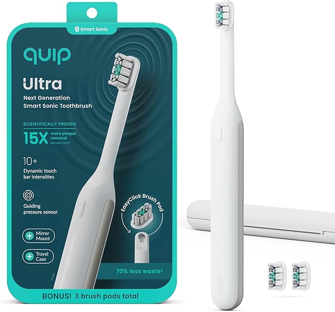 Quip Ultra Next Generation Smart Toothbrush - Timed Electric Toothbrush with Case - Replaceable Brush Head Soft Bristles Silicone Handle 30-Day Battery Life - Travel Toothbrush - Stone