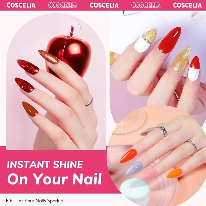 COSCELIA 73pc Gel Nail Polish Kit with U V light 60 Bottles Gel Nail Polish and Soak off Top Base Coat Fall Colors Enchantment Collection Glitter Nail Rhinestones Gel Manicure Starter Kit DIY Gifts
