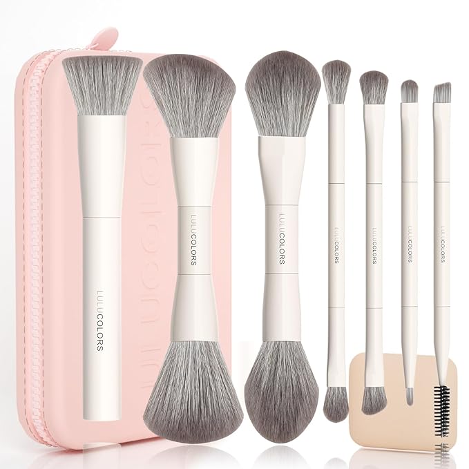 13-in-1 Dual-Ended Makeup Brush Set with Sponge &amp Travel Case ? 7 Multi-Functional Brushes for Face &amp Eyes ? Soft Bristles Wooden Handles ? Available in Cream Green or Pink (Blush Pink)