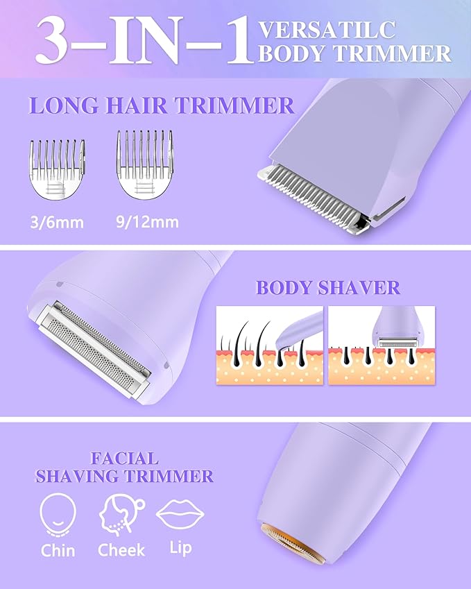 Bikini Trimmer for Women Electric Razor for Pubic Hair 3-in-1 Bikini Shaver for Legs Body Hair Womens Electric Razor IPX6 Waterproof Gifts for WomenPurple