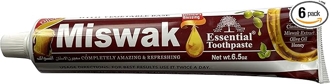 Essential Palace (Pack of 6) Organic Miswak Herbal Whitening Toothpaste - Refreshing- with Moringa Oil Cinnamon Oil Miswak Extract Olive Oil &amp Honey- 100% Fluoride Free &amp Vegetable Base - 6