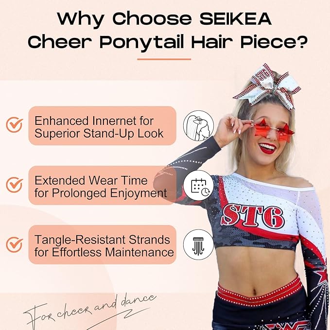 SEIKEA Cheer Ponytail Hair Piece 10 Straight Tangle-Resistant Smooth Natural Cheerleader Hairpiece Ponytail Extension for Cheer Competition Dance Black Brown with Dark Brown Highlights