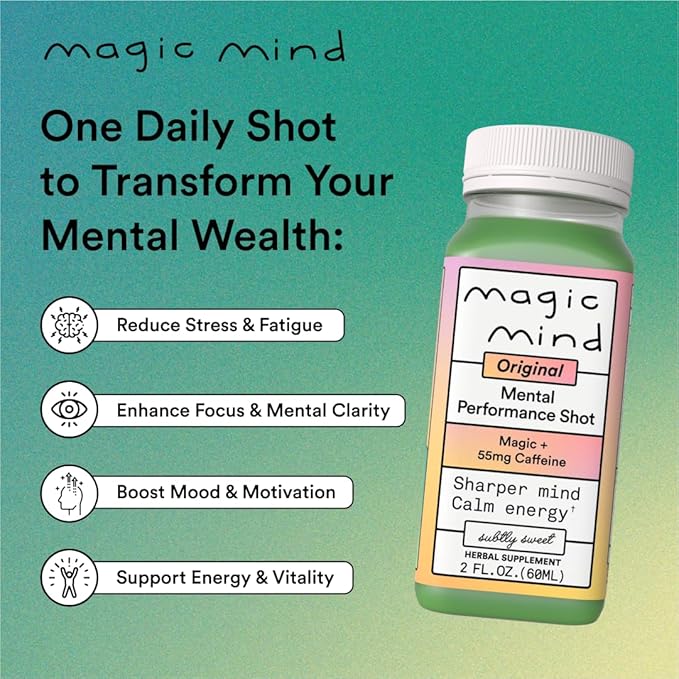 Magic Mind Energy And Focus Drink Shots - Stress Relieving No Jitters Ashwagandha Vitamin B12 Vitamin C Matcha Green Tea Functional Mushrooms - 2 FL Oz (15 Pack)